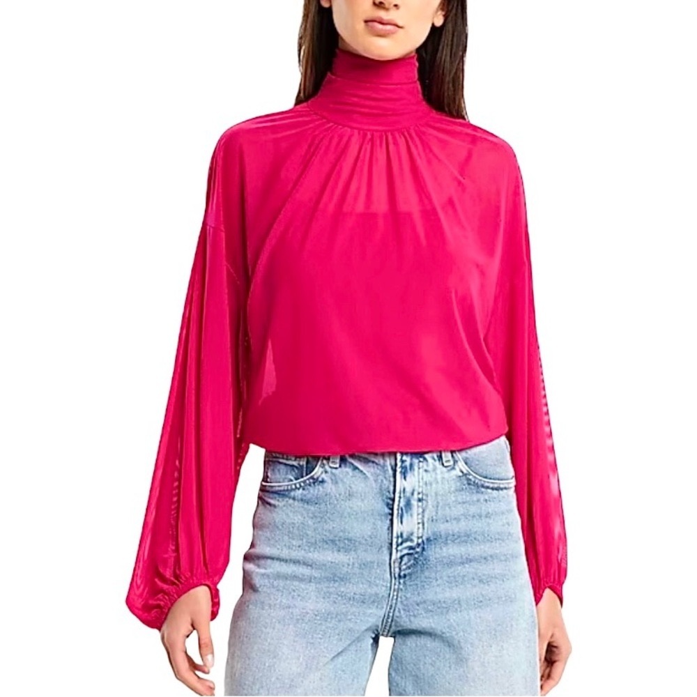 Express Mesh Gathered Mock Neck Blouson Sleeve Top in hot pink Size M